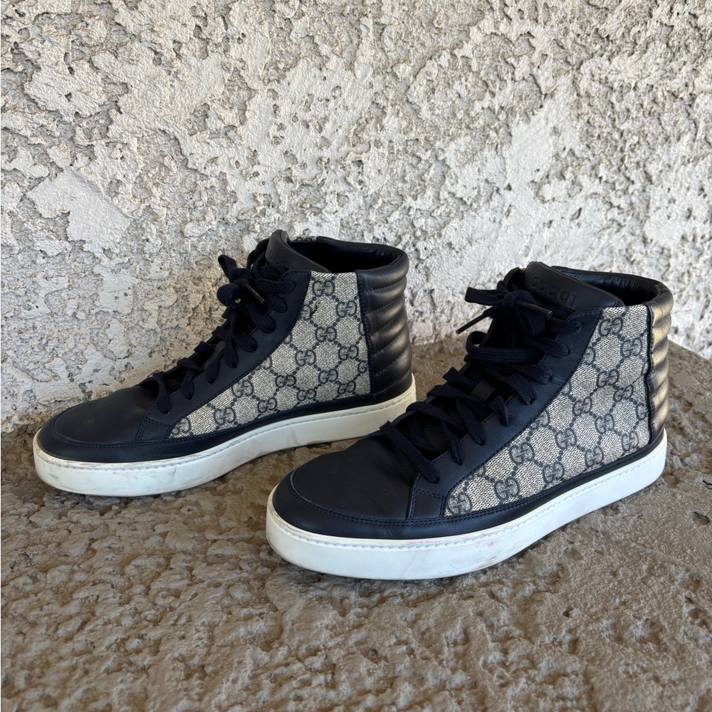 Gucci Men’s Blue & Beige GG Supreme Canvas High-Top Sneakers Size 6G - Picture 4 of 14